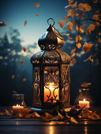 An ornate metal lantern with a lit candle inside, casting warm light on the surrounding leaves and branches. The image exudes a romantic and enchanting ambiance, with a touch of rustic charm.の写真素材