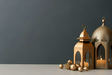 Two golden lanterns with a candle inside, placed on a table, with golden decorations on the surface. They represent the festive mood of the Islamic holidays, like Ramadan.の写真素材