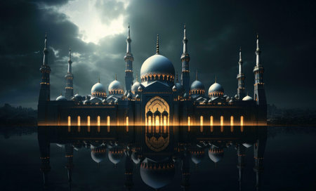 A grand mosque illuminated at night, its reflection mirrored in the still waters. The mosque's...