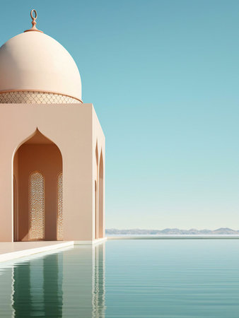 A modern mosque with a unique design, reflecting in a still water surface.の写真素材