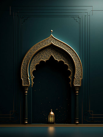 An ornate Islamic archway with intricate gold details against a teal background. A golden lantern sits on the floor, casting a warm glow. The image evokes a sense of spirituality and tradition.の写真素材