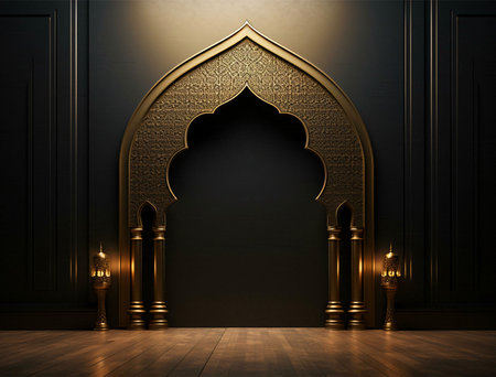 A golden archway with intricate design, set against a dark backdrop. The archway is reminiscent of Islamic architecture, with its ornamental patterns and ornate details.の写真素材