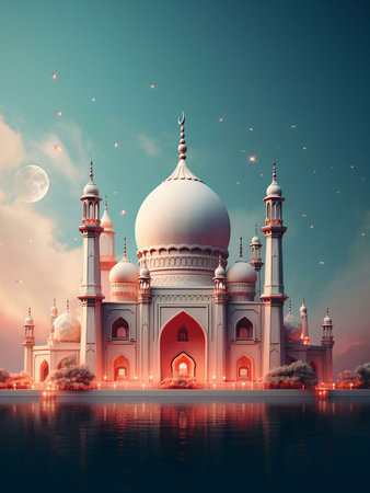 A majestic mosque stands tall by the water, reflecting the beauty of its architecture and the serenity of the night sky.の写真素材