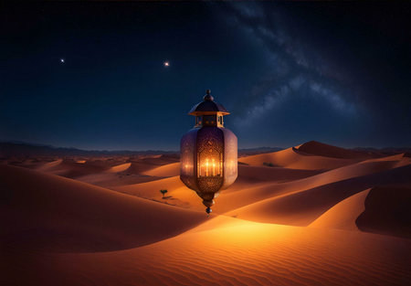A glowing lantern suspended over a vast, sandy desert under a starry night sky with the milky way visible.の写真素材