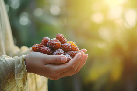 A person's hands hold a pile of dates, a traditional food often consumed during Ramadan.の写真素材