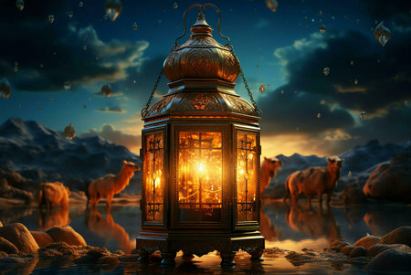 A golden lantern glows brightly, casting a warm light across a mystical landscape. Mountains rise in...