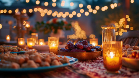 A close-up of a beautifully set dinner table with candles, dates, and other festive decorations. The warm glow of the candles creates a cozy and inviting ambiance.の写真素材