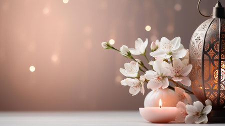 A delicate arrangement of white flowers, a lit candle, and a decorative lantern, all against a soft, pink backdrop, creating a beautiful and romantic atmosphere.の写真素材