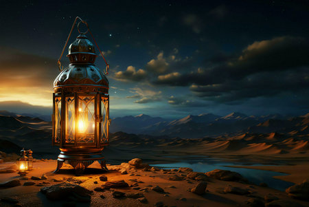 A glowing lantern stands in the desert under a starry night sky. The landscape features mountains,...