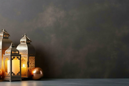 A close up of three golden lanterns with lit candles. The lanterns have intricate designs and are...