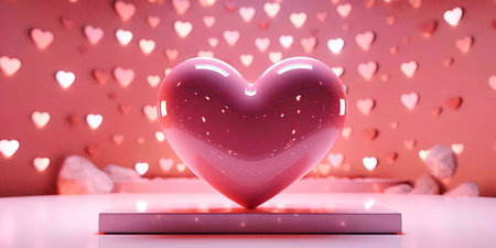 A close-up shot of a shiny pink heart against a backdrop of a pink wall with tiny hearts. The heart is glossy and appears to be made of glass. The scene is romantic and evocative of love and affection.の写真素材