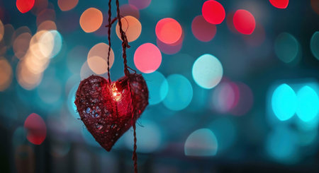 A single heart-shaped string light glows brightly against a blurred background of red and blue bokeh lights.の写真素材