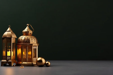 Two ornate golden lanterns with glowing candles and decorative orbs placed on a dark surface against a green background. The image evokes a sense of tradition and celebration.の写真素材