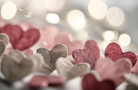 Close up of hearts decorated with glitter in soft pink and silver colors on a blurry background with bokeh lightsの写真素材