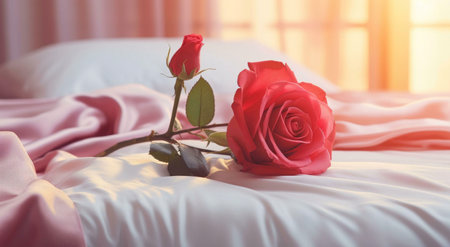 A single red rose lies on a soft, white bed with a pink silk sheet, a symbol of love and romance.の写真素材