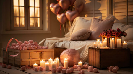Romantic bedroom decor with candles and flowers. Interior design with warm lighting and soft colors for a cozy and intimate atmosphere.の写真素材