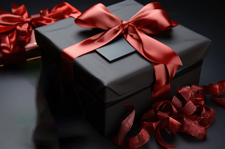 Close-up of a black gift box with a red satin ribbon and bow. The box is wrapped in black paper and...