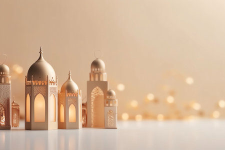 A row of golden lanterns with intricate details and warm lighting. They are placed in front of a beige background with bokeh lights, creating a festive and celebratory atmosphere. The image evokes feelings of warmth, hope, and peace, symbolizing the beauty of the Islamic culture and traditions.の写真素材