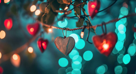 A string of heart-shaped lights hanging from a tree branch, with a warm glow and blue bokeh...