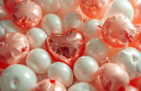 A close-up shot of pink and white balloons, including a heart-shaped balloon.の写真素材
