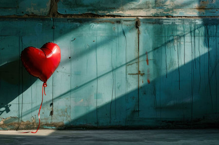 A red heart shaped balloon stands alone against a turquoise wall. It casts a long shadow as the sun illuminates the scene.の写真素材
