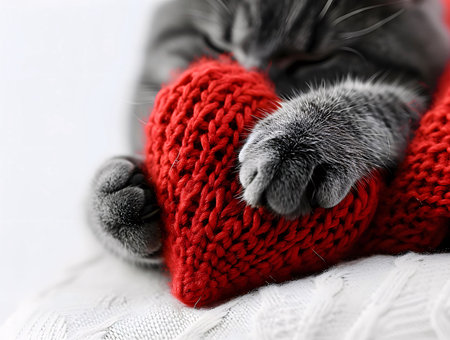 A close-up shot of a gray cat curled up with a red knitted heart, showing the cat's love and affection.の写真素材