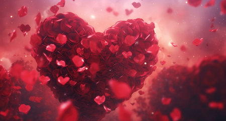 A heart-shaped image made of roses. Red petals are scattered throughout the image, adding to the romance of the scene.の写真素材