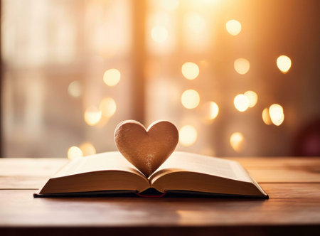 A heart-shaped object is placed on an open book, signifying love, hope, and knowledge.の写真素材