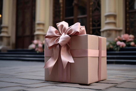 A close-up of an elegant pink gift box tied with a large satin ribbon. The box is placed on a stone surface in front of a blurred backgroundの写真素材