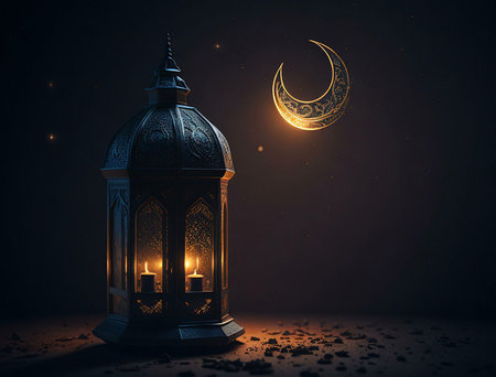 An ornate lantern with glowing candles stands against a backdrop of a crescent moon and stars. The image evokes a sense of peace and spirituality.の写真素材