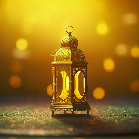 A golden lantern with intricate designs, glowing softly in the warm light. The lantern is a symbol of hope and celebration, and evokes a sense of peace and tranquility.の写真素材