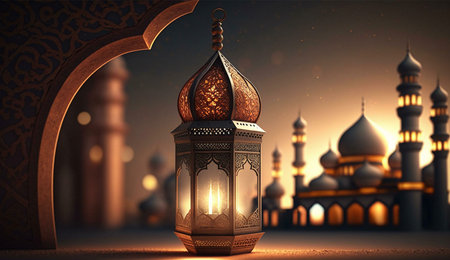 A golden lantern with details sits intricately in the foreground, illuminated by a warm candle glow....