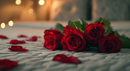 A bunch of red roses and petals on a bed, symbolizing romance and love.の写真素材