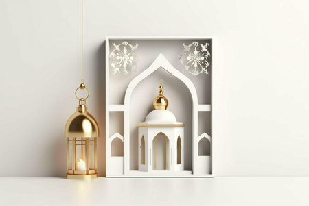 A gold lantern hanging from a white wall with a white mosque decoration inside a frame.の写真素材