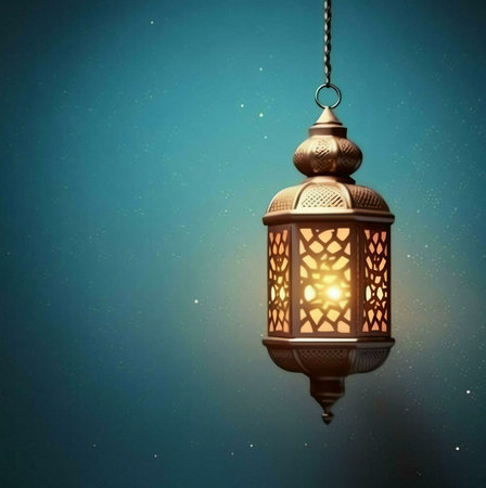 A single ornate lantern with a lit candle inside hangs from a chain against a blue sky background....