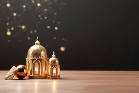 Two golden lanterns with intricate designs stand on a wooden table against a dark background, creating a festive and elegant scene for Ramadan.の写真素材