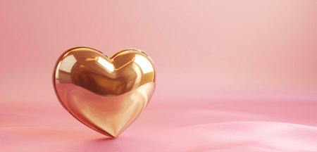 A single golden heart, shiny and reflecting light, is placed on a soft pink background. The heart is a symbol of love, romance, and affection.の写真素材