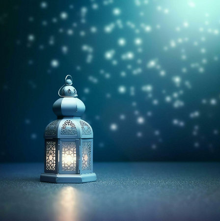 A glowing Islamic lantern stands on a dark blue background with sparkle lights. The lantern has a...
