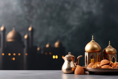 A table setting with a golden teapot, dates, and other sweets, and a lantern, in front of a blurry background of a mosque, celebrating Ramadanの写真素材