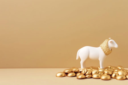 A white lamb figurine stands on a pile of golden eggs against a soft beige background. The image evokes a minimalist and elegant aesthetic, featuring a simple composition and vibrant colors.の写真素材