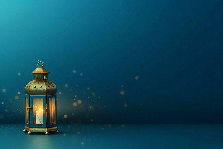 A golden ornate lantern with a lit candle inside, standing on a blue background. The lantern casts a...