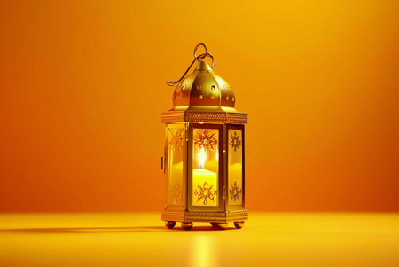 A golden lantern with a candle lit inside, on a yellow background.の写真素材