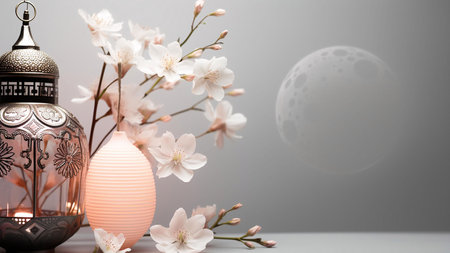 A silver lantern and pink and white flowers illuminated against a soft gray background with a blurry image of the moon in the background.の写真素材