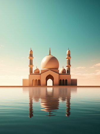 A white mosque with a golden dome, standing tall against a tranquil blue sky, its reflection mirrored perfectly in the still water below.の写真素材