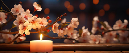 A single candle illuminates a delicate arrangement of cherry blossoms, creating a serene and romantic atmosphere.の写真素材
