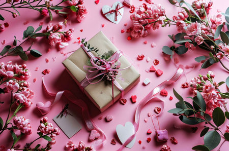 A beautifully wrapped gift with pink flowers and hearts on a pink background, perfect for Valentine's Day.の写真素材