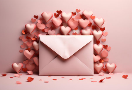 A pink envelope with a heart-shaped flap, surrounded by many pink hearts, a perfect symbol of love...