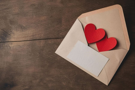 A close-up shot of a brown envelope with two red hearts and a white blank card inside on a wooden...