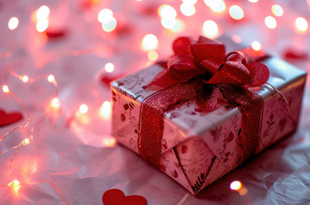 A beautifully wrapped gift box with a red bow and string lights, creating a romantic and festive atmosphere.の写真素材