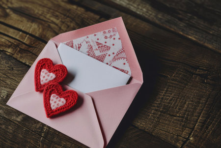 Closeup image of an envelope with two red hearts on it. The envelope is sitting on a wooden table.